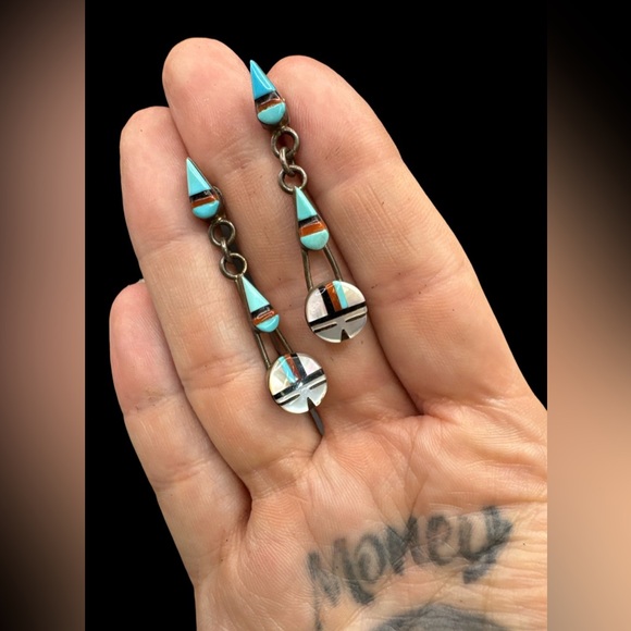Vintage Jewelry - Vintage Sterling Silver Native American Zuni Pierced Earrings 1.75”